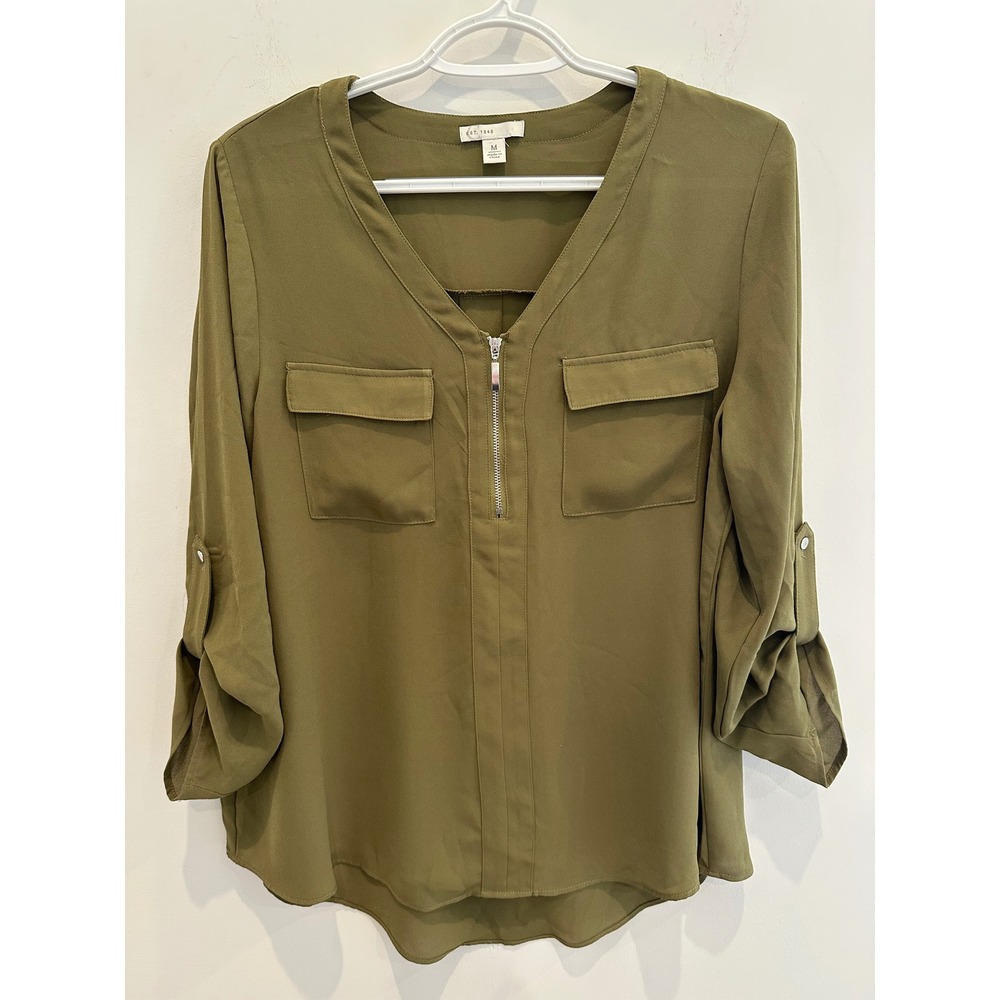Cato Est. 1946 Womens Olive Green Roll Tab Sleeve Half Zip Blouse Size M